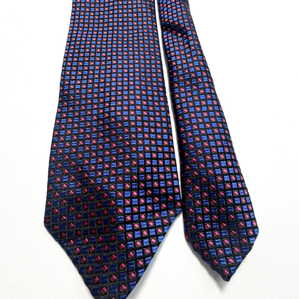 Hugo Boss Men Silk Tie Black Blue Pink Geometric Made in Italy